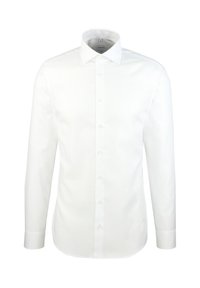 Camicia bianca a maniche lunghe con colletto classico, chiusura frontale con bottoni e tessuto liscio al tatto. Nessun motivo o accento visibile.