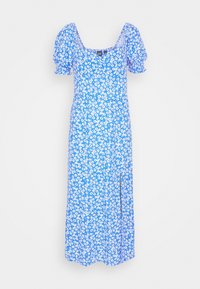 Blaues Blumenkleid mit Puffärmeln, quadratischem Ausschnitt und Seitenschlitz. Hergestellt aus leichtem Stoff, der mit weißen Gänseblümchenmustern durchzogen ist.