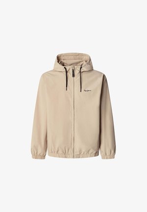 Beige jas met capuchon, voorzien van een volledige rits aan de voorkant, elastische manchetten en een verstelbare capuchon. Logo detail op de borst. Gladde stofstructuur.