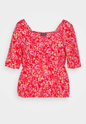 Blusa floral vermelha com decote quadrado, mangas curtas e cintura franzida. O tecido é leve e apresenta um padrão vibrante de várias flores.