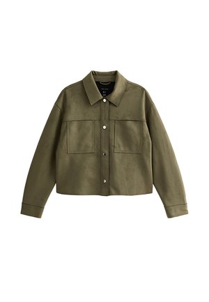 Olive green cropped jacket with button front, two chest patch pockets, long sleeves, and classic collar.