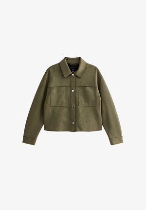 Olive green cropped jacket with button front, two chest patch pockets, long sleeves, and classic collar.