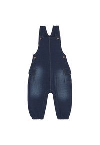 Donkerblauwe denim overalls met verstelbare schouderbanden, twee zijzakken en drukknopen aan de onderkant. Rechtaflopend ontwerp.