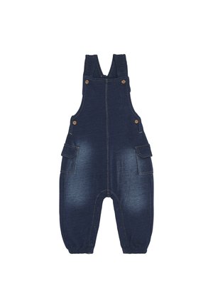 Dunkelblaue Jeanslatzhosen mit verstellbaren Trägern, zwei Seitentaschen und Druckknopfverschlüssen am Ende. Gerade Passform.