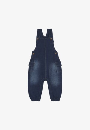 Denimbyxor i mörkblått med justerbara axelremmar, två sidofickor och tryckknappar i botten. Raka ben.