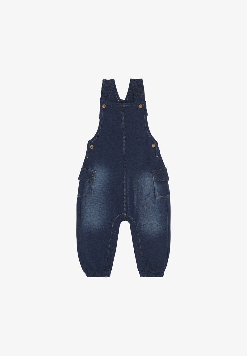 Donkerblauwe denim overalls met verstelbare schouderbanden, twee zijzakken en drukknopen aan de onderkant. Rechtaflopend ontwerp.