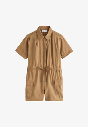 Kortærmet beige romper lavet af let stof, med krave, snoreliv og to forreste påsyede lommer.