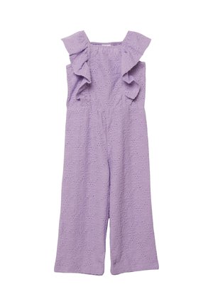 Lila mouwloze jumpsuit met gerimpelde schouders en bloemenborduursel met gaatjes, voorzien van wijde pijpen.