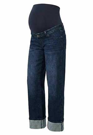 Jeans de maternitate bleumarin închis cu talie înaltă elastică și tivuri pliate, concepuți să se potrivească peste burta unei femei gravide.