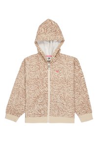 Beige mikina s kapucňou na zips s kvetinovým a vlnitým vzorom. Má biely interiér, dve predné vrecká a rebrované manžety.