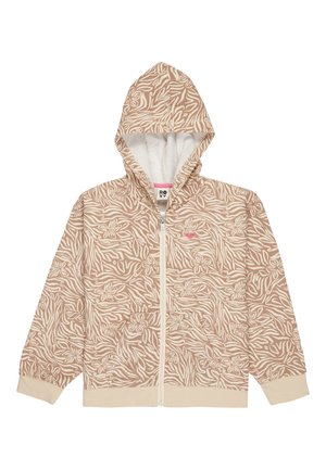 Hooded zip-up sweatshirt in beige with a floral and wavy pattern. Features a white interior, two front pockets, and ribbed cuffs.