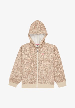 Beige mikina s kapucňou na zips s kvetinovým a vlnitým vzorom. Má biely interiér, dve predné vrecká a rebrované manžety.