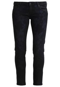 Jeans de mezclilla negra con ajuste slim, que presentan un sutil patrón floral, diseño de cinco bolsillos y cierre frontal con botón.