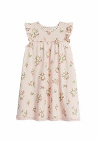 Rosa Blumenkleid mit kurzen Rüschensäumen, das ein Muster aus weißen Blumen und kleinen roten Beeren aufweist, sowie einem gewellten Saum.
