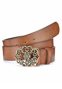 Brauner Leder-Gürtel mit einer kunstvollen Metallschnalle, die ein florales Muster und wirbelnde Akzente aufweist; die Textur ist glatt mit einer polierten Oberfläche.