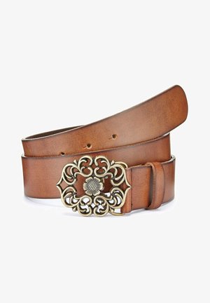 Ceinture en cuir marron avec une boucle en métal ornée d'un motif floral et d'accents en spirale ; la texture est lisse avec une finition polie.