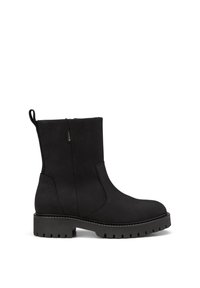 Schwarze Ankle-Boots aus glattem Material, mit runder Zehenpartie, zum Hineinschlüpfen und profilierter Gummisohle für besseren Halt.