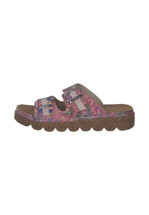 Floral-patterned slide sandals featuring two adjustable metallic buckles, a soft pink base, and a textured cork sole with scalloped edges.