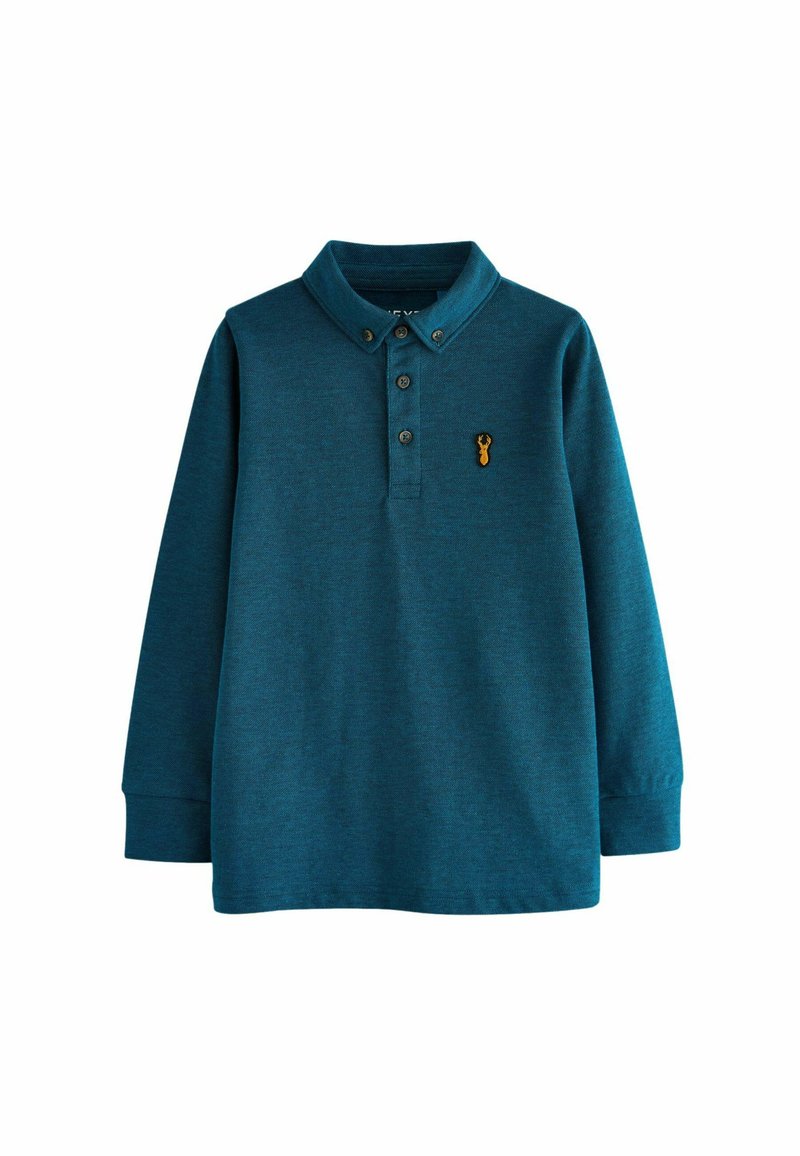 Polo shirt lungo teal con colletto, pattina con tre bottoni e piccolo logo di aragosta ricamato sul petto. Tessuto morbido e testurizzato.