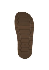 Semelle de chaussure en caoutchouc brun avec un motif de bande de roulement texturé, présentant des rainures horizontales et verticales. Taille marquée comme 41.