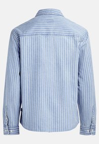 Blue and white striped button-up shirt with long sleeves, a collar, and buttoned cuffs. Made of soft fabric with a relaxed fit.