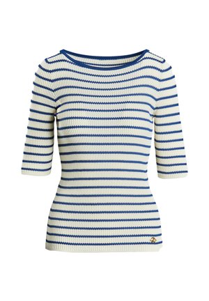 Ribbed knit top in cream with navy stripes. Features a boat neckline and three-quarter sleeves. Includes a small gold logo accent at the hem.