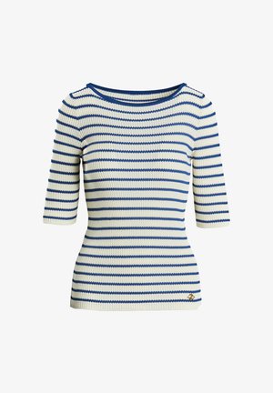 Rippstrickoberteil in Creme mit marineblauen Streifen. Verfügt über einen Bootsausschnitt und dreiviertellange Ärmel. Enthält einen kleinen goldenen Logoakzent am Saum.