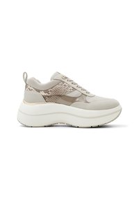 Sneakers med en beige læderoverdel, slangeskindsdetaljer og en tyk hvid platformssål. Har rund tå og snørebåndsdesign.