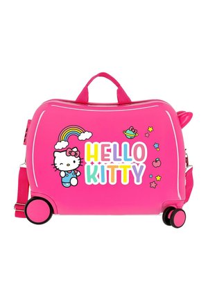 Maleta infantil rosa brillante con ruedas, decorada con Hello Kitty, un arcoíris, estrellas y el texto colorido "HELLO KITTY" en la parte frontal.