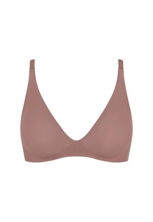 Sømløs, blød skålbh i afdæmpet mauve med justerbare stropper og dyb V-udskæring, der giver let støtte.