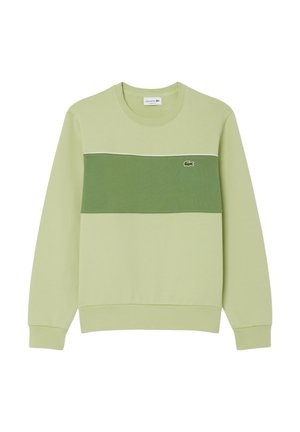 Grüner Pullover aus weicher Baumwolle mit einem hellgrüneren horizontalen Streifen und einem kleinen Lacoste-Logo auf der Brust. Rundhalsausschnitt und gerippte Bündchen.
