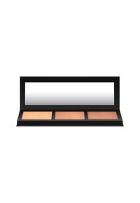 Palette de contour en poudre avec trois teintes : beige clair, bronze chaud et cuivre. Étui rectangulaire noir avec un miroir et surface lisse.