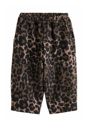 Pantaloncini corti con stampa leopardata, vita elasticizzata e tasche laterali in tonalità di marrone e nero.