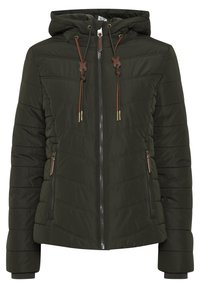 Dark green, quilted puffer jacket with a hood, featuring brown drawstrings, front zipper, and two zippered pockets. Soft texture.