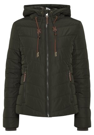 Veste matelassée vert foncé, avec capuche, dotée de cordons de serrage marron, fermeture éclair à l'avant et deux poches zippées. Texture douce.
