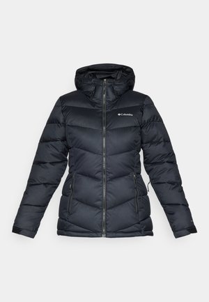 Black puffer jacket with hood; quilted design, zip closure, and two side pockets. Features Columbia logo on chest and elastic sleeve cuffs.