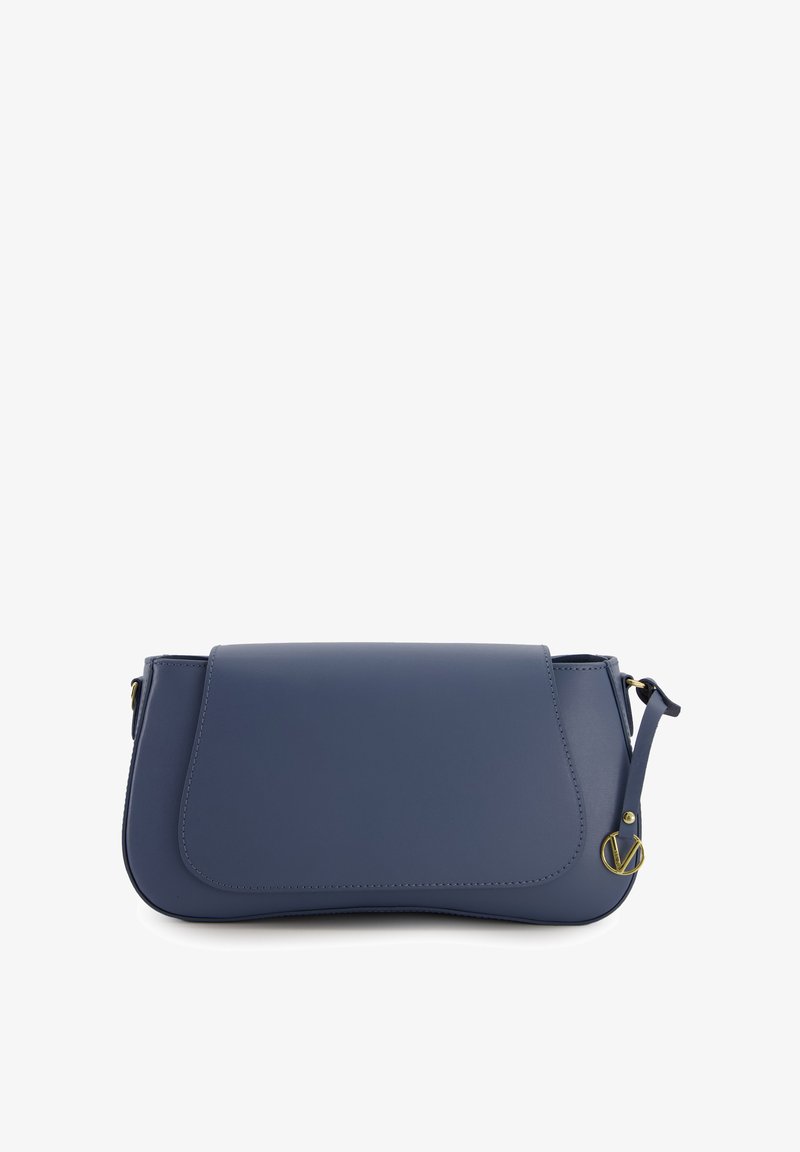 Blue leather crossbody bag with a flap closure, smooth texture, and gold hardware accent. Simple, rounded design with a small logo detail.