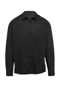 Zwarte longsleeve shirt van gladde stof, met een knoopsluiting aan de voorkant, puntige kraag, enkel borstzakje en knoopmanchetten.