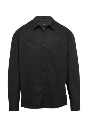 Zwarte longsleeve shirt van gladde stof, met een knoopsluiting aan de voorkant, puntige kraag, enkel borstzakje en knoopmanchetten.