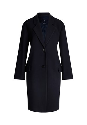 Cappotto di lana navy con maniche lunghe, design su misura, ampi revers, due tasche frontali e chiusura a due bottoni. Texture morbida con interno liscio.