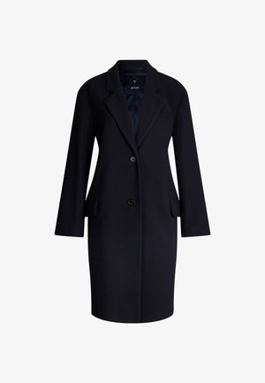 Navy wool coat with long sleeves, tailored design, wide lapels, two front pockets, and two-button closure. Soft texture with smooth interior.