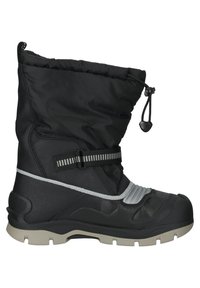 Czarne ocieplane zimowe buty z regulowanym paskiem i ściągaczem, gruba podeszwa z głębokim bieżnikiem na śnieg i zimną pogodę.