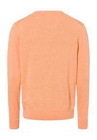 Helles orange Sweatshirt, Strickstoff, Rundhalsausschnitt, lange Ärmel, gerippter Saum und Bündchen, glatte Textur, einfaches Design ohne Muster.