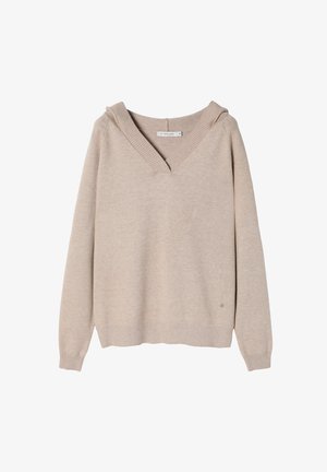 Pull beige avec un col en V et une capuche. Fabriqué à partir d'un matériau doux, doté de poignets et d'un ourlet côtelés. Design simple, accents minimalistes.