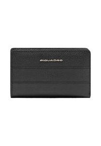 Zwarte leren portemonnee met een gestructureerd oppervlak, voorzien van vakken voor kaarten en een gouden logo. Rechthoekige vorm, minimalistisch ontwerp, gladde randen.