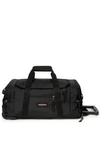 Černá taška přes rameno s textilním povrchem, zipovými uzávěry, dvojitými horními uchy a teleskopickou rukojetí pro snadný transport.