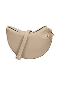 Beige leren handtas met een半cirkelvormig ontwerp, bovenste ritsluiting en een afneembare strap; heeft een textuuroppervlak en goudkleurige hardware.