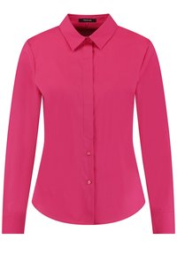 Camicetta fucsia a maniche lunghe con chiusura a bottoni, colletto classico, texture liscia e orlo arrotondato. Presenta cinque bottoni coordinati.