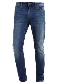 Blå denimjeans, klassisk rak passform, medeltvätt med urblekta detaljer, fem fickor och en metallknapp i midjan.