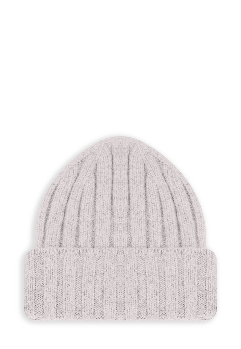 Beanie grigio a maglia con texture a coste, dotato di risvolto. Materiale morbido, cima arrotondata e colore uniforme su tutta la superficie.